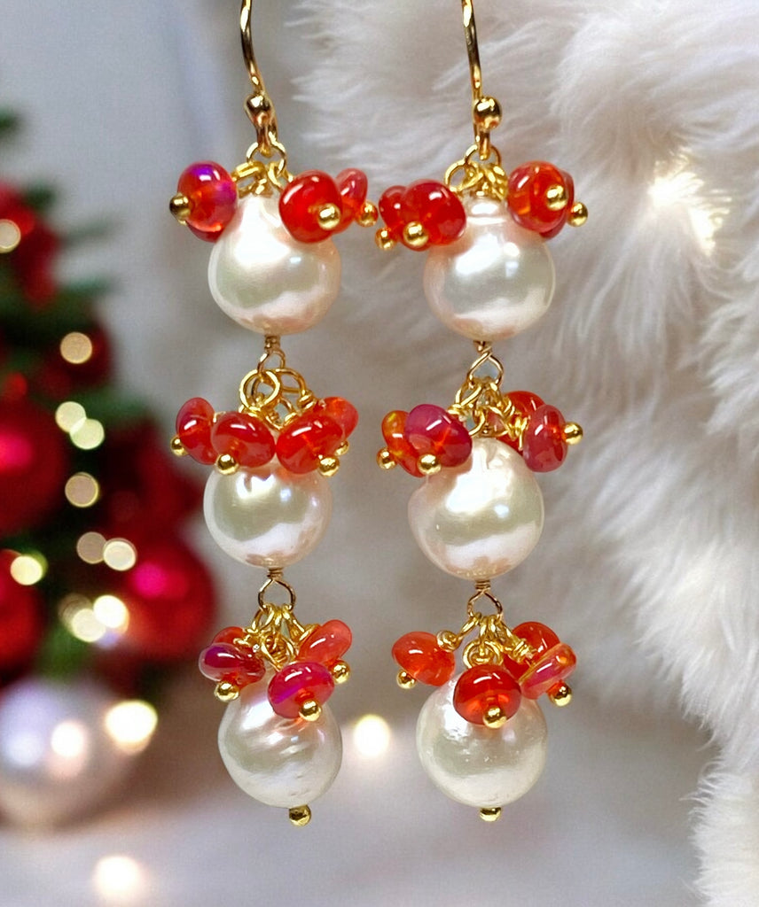 Pearl and Red Ethiopian Opal Long Dangle Earrings Gold