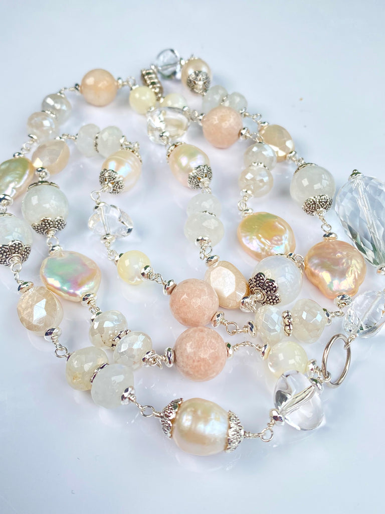 Crystal Quartz Moonstone Pearl Aventurine Long Necklace Sterling Silver - Doolittle
