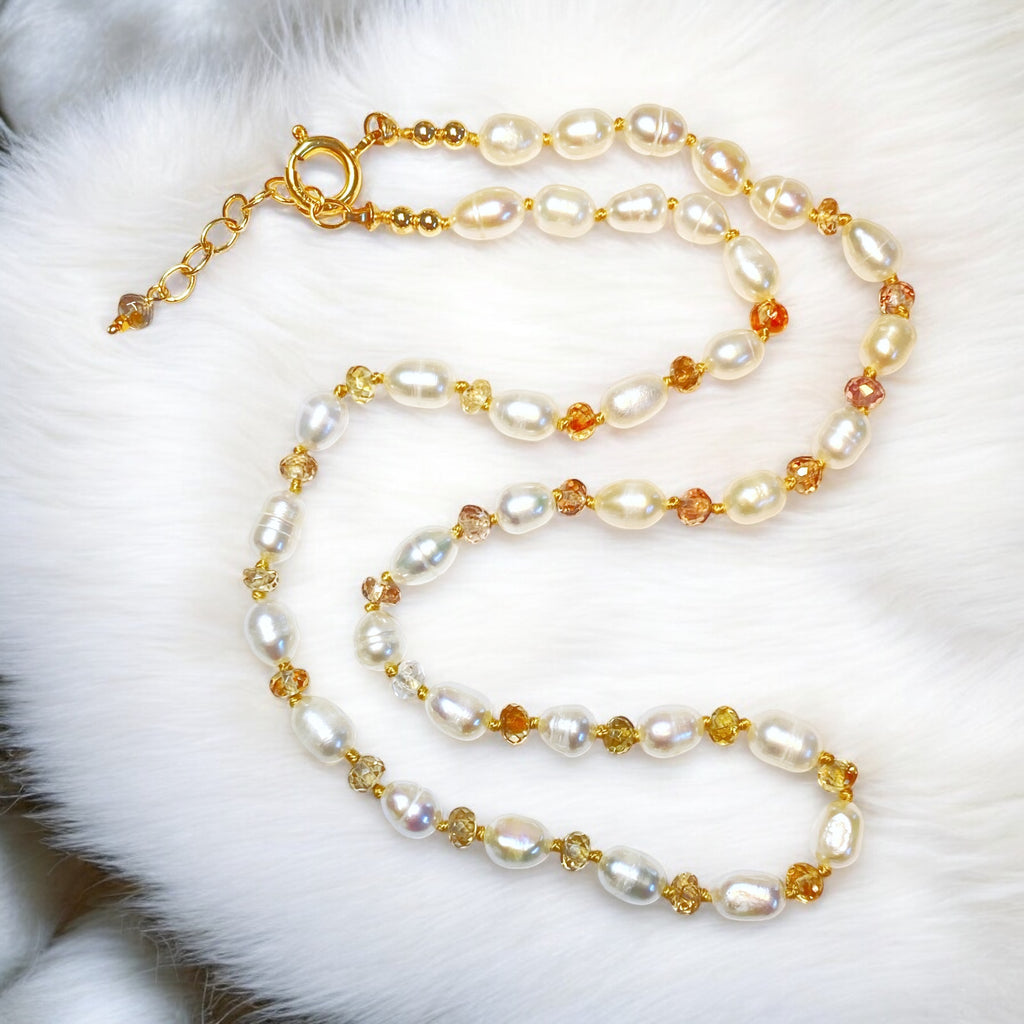 Pearl Necklace with Natural Zircon Gemstones, Silk Knotted, Gold Fill