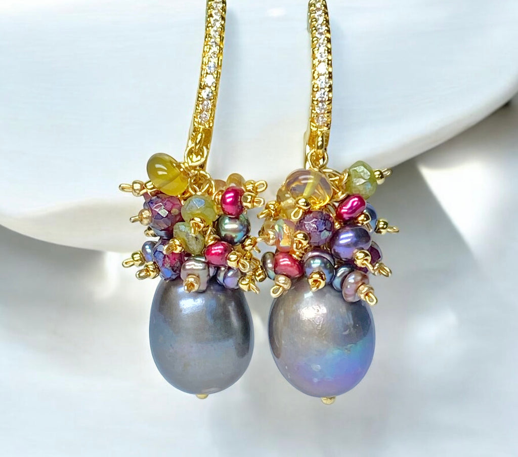 Grey Pearl Earrings with Colorful Gemstone Clusters in 14 kt Gold Fill