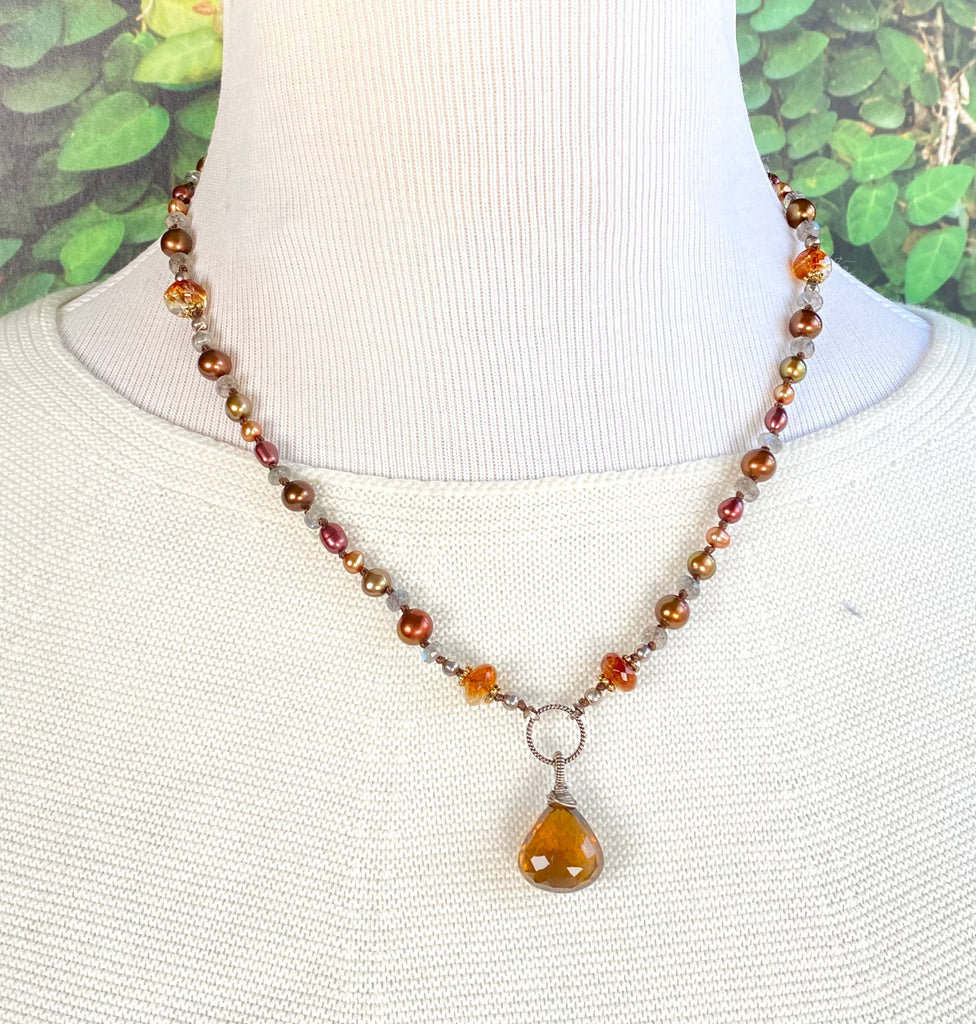 Cognac Quartz Silk Knot Pendant Necklace with Citrine, Labradorite, Pearl, Sterling Silver