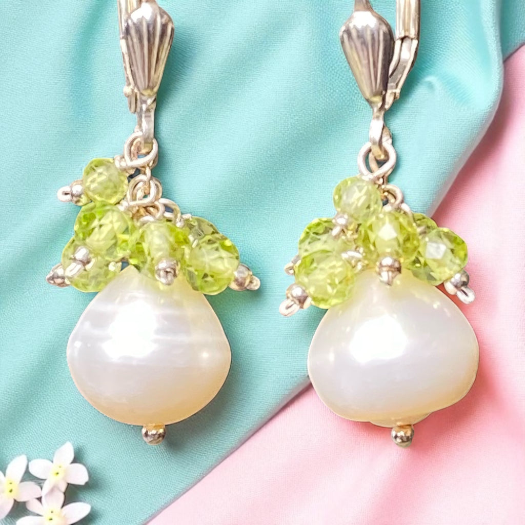 Peridot and Pearl Cluster Earrings, Sterling Silver