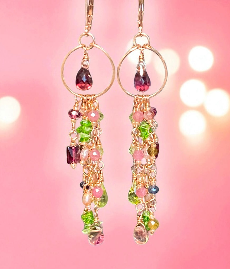 Rubellite Tourmaline Multicolor Gemstone Long Boho Dangle Earrings Rose Gold