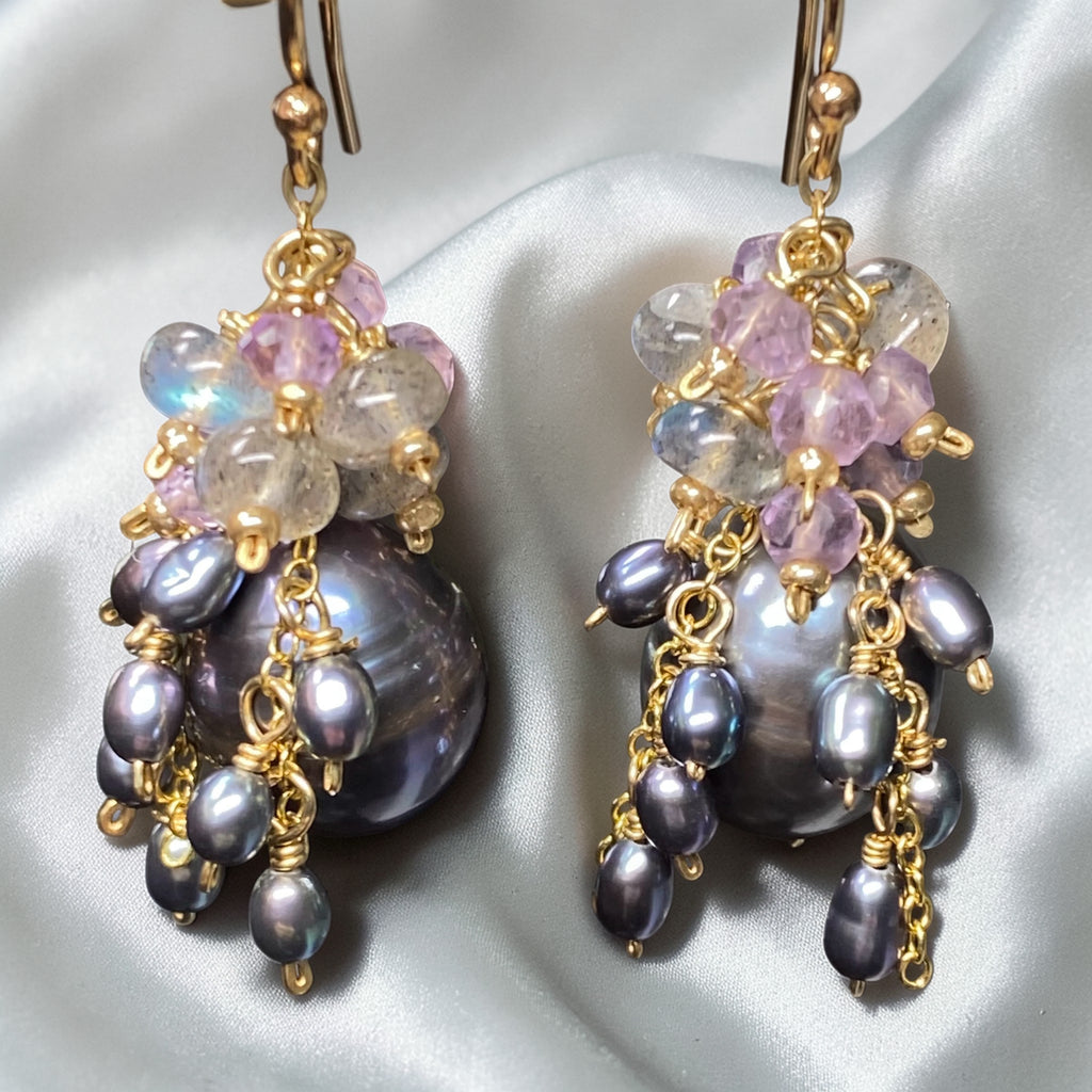 Peacock Pearl, Amethyst, Labradorite, Cluster Waterfall Earrings - Doolittle