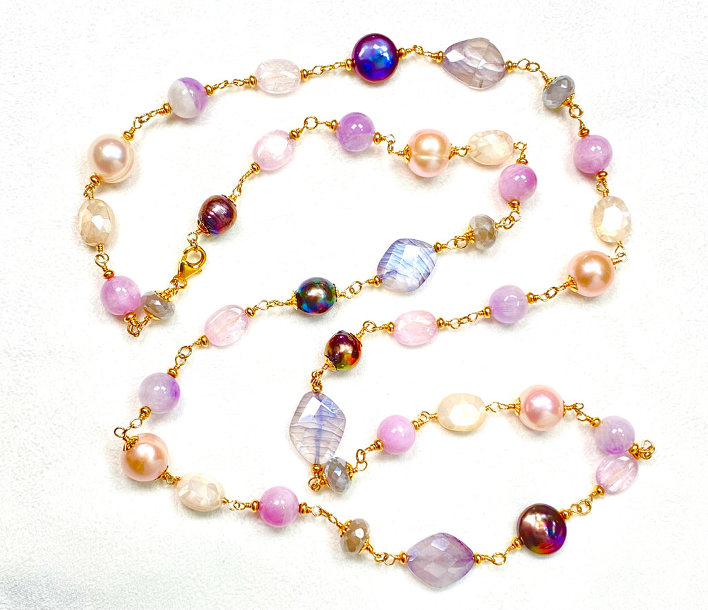 Long Multicolor Gem Stone Necklace Gold, Kunzite, Blue Sapphire, Moonstone, Pearl