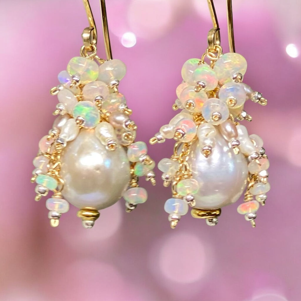 Silver Edison Pearl Ethiopian Opal Cluster Earrings, Mixed Metals