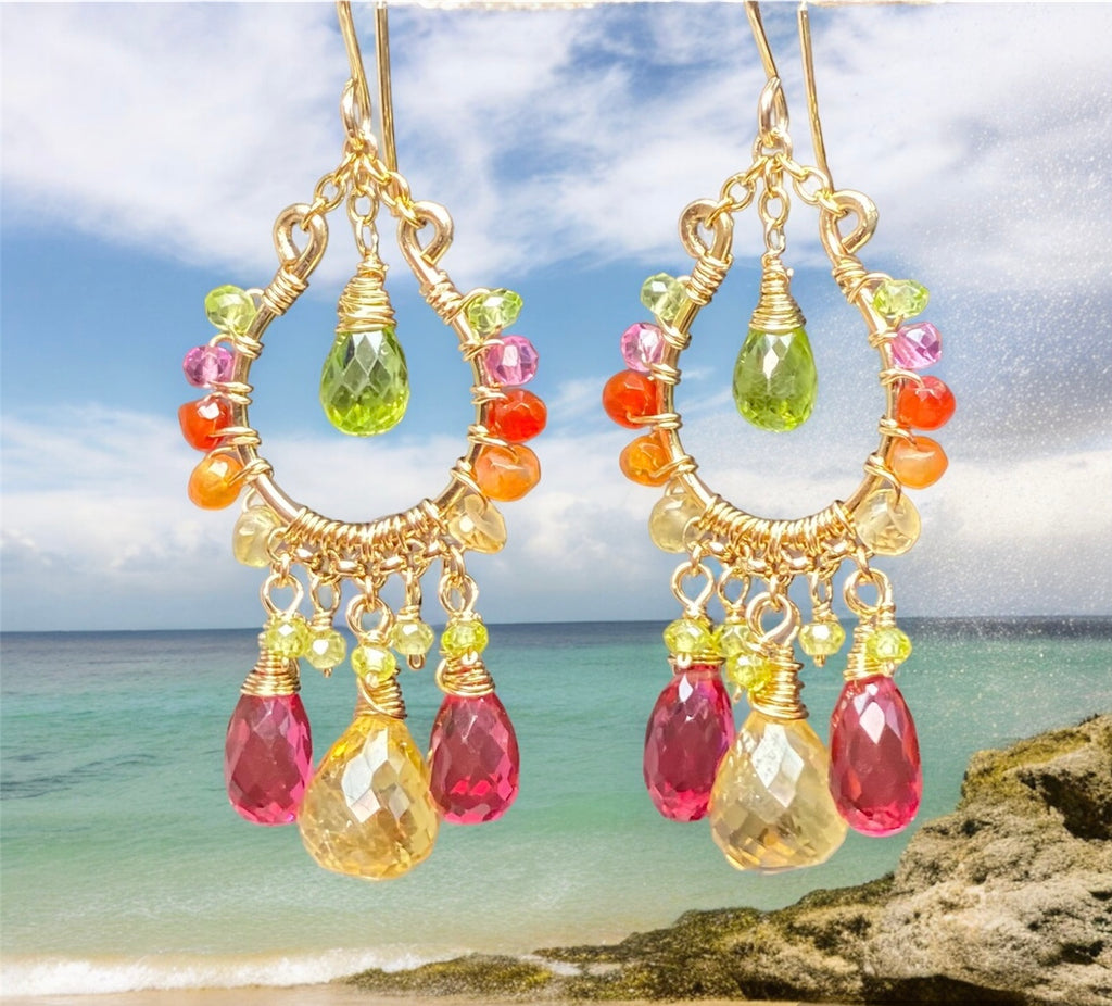 Colorful Gemstone Chandelier Earrings:  Peridot, Citrine, Fuchsia Pink Quartz, Gold Fill