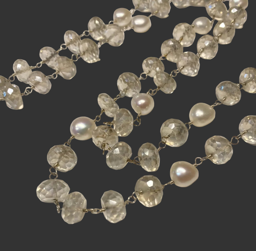 Mystic Silver Quartz and Pearl Long Wire Wrap Necklace Sterling Silver
