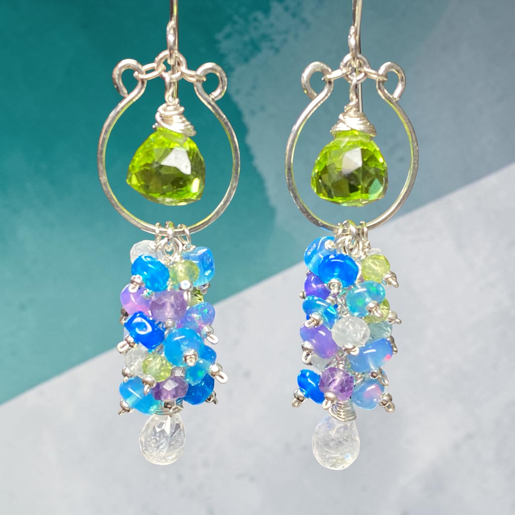 One of a kind peridot and rainbow moonstone chandelier earrings wire-wrapped in sterling silver