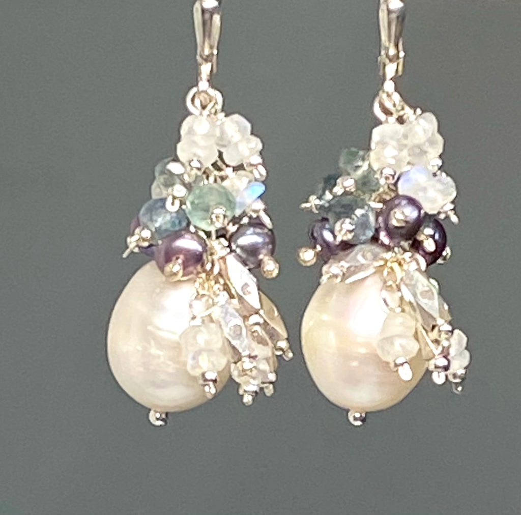 Moss Aquamarine and Pearl Cluster Earrings, Sterling Silver