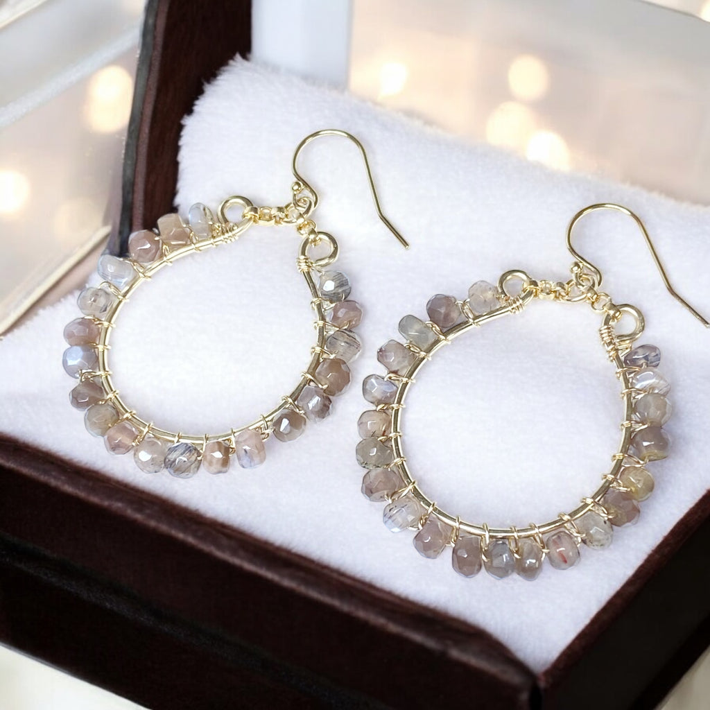 Chocolate Moonstone Hoop Earrings, Gold Fill, Sterling Silver