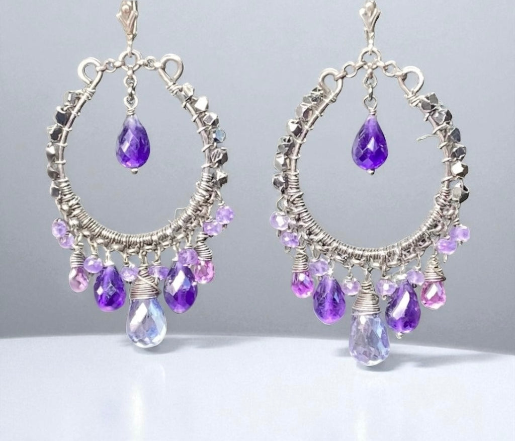 Boho Hoop Earrings Oxidized Sterling Silver Blue Violet Gemstones