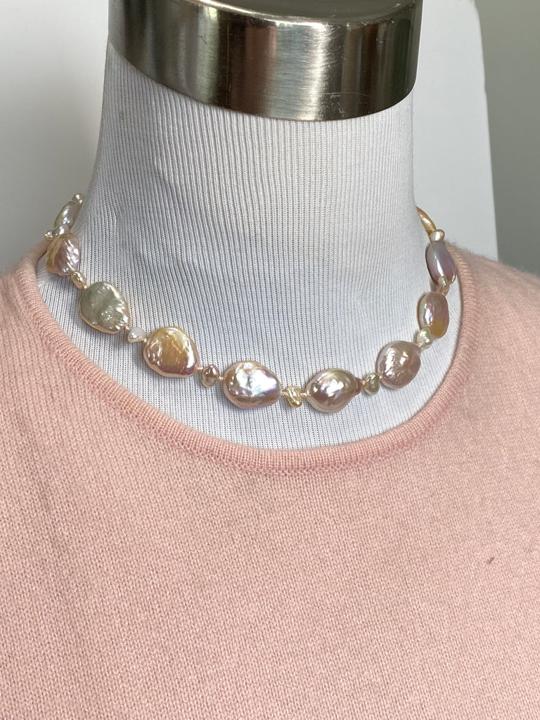 Statement Coin Pearl Necklace with Keishi Pearls, Silk Knotted