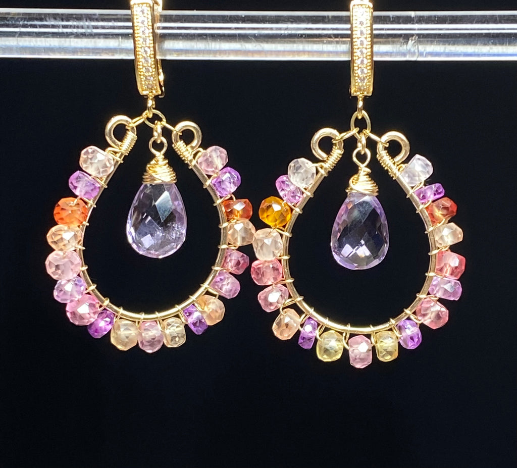 Colorful Gemstone Hoop Earrings:  Padparadscha Sapphire, Amethyst Quartz, Gold Fill, Statement Earrings - Doolittle