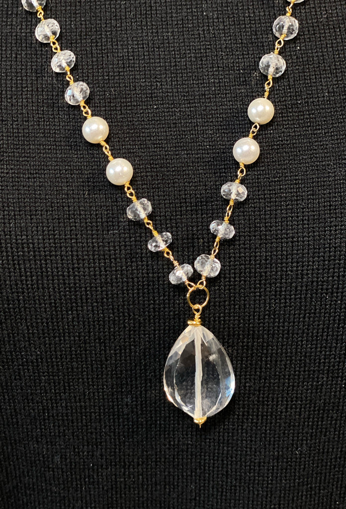 Crystal Quartz Pearl Necklace - Long Statement Wire Wrap Gold Plated