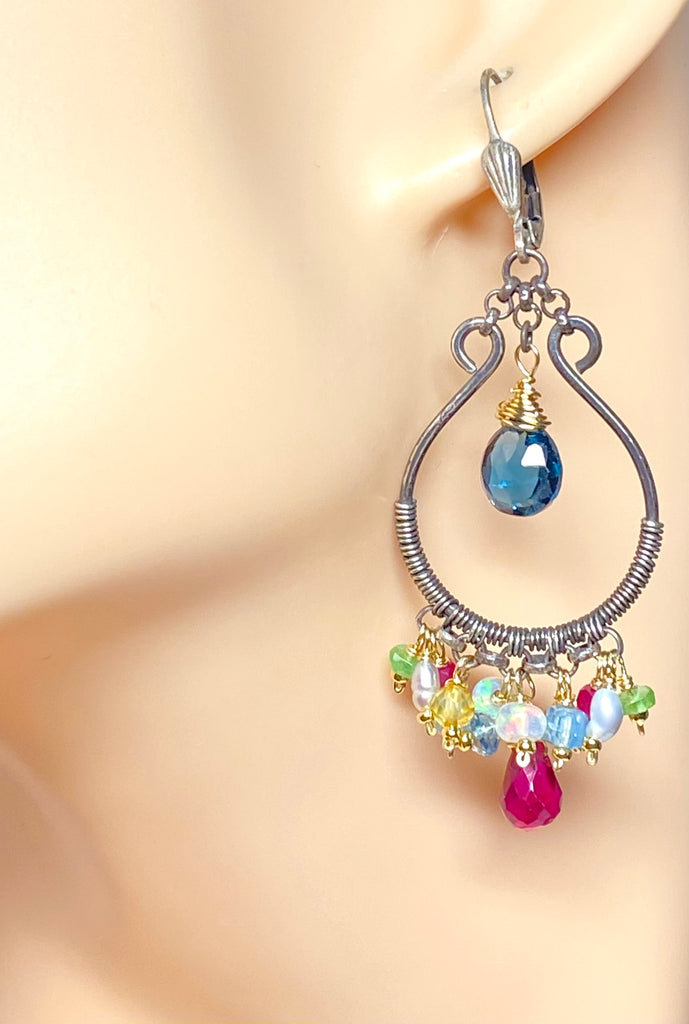 London Blue Topaz, Multi Gemstone, Oxidized Silver Hoop Chandelier Earrings