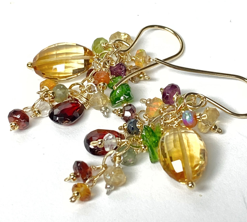 Citrine Dangle Earrings with Multi Gemstone Cluster, Garnet, Opal, Chrome Diopside