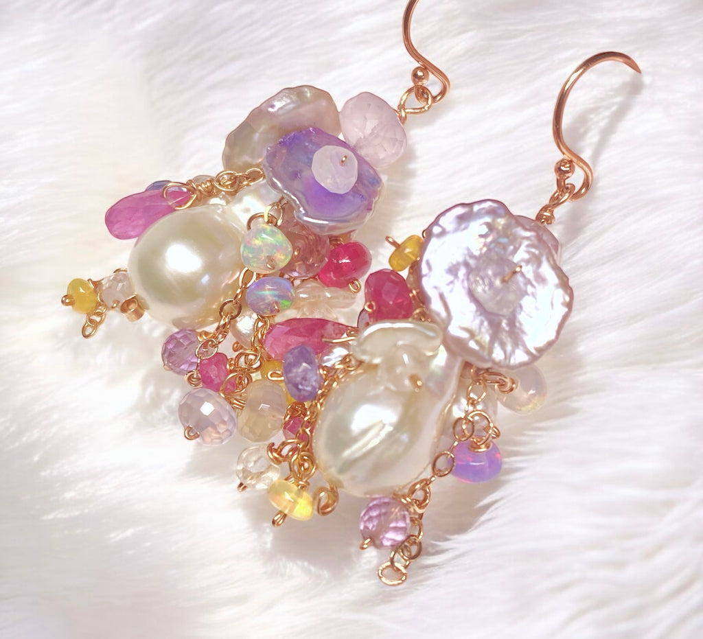 Flameball Pearl and Multicolor Gemstone Chain Dangle Earrings Rose Gold