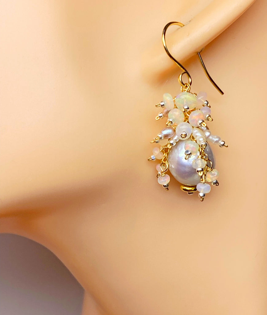 Silver Edison Pearl Ethiopian Opal Cluster Earrings, Mixed Metals