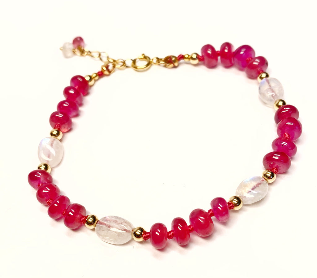 Pink Sapphire and Rainbow Moonstone Silk Knot Bracelet