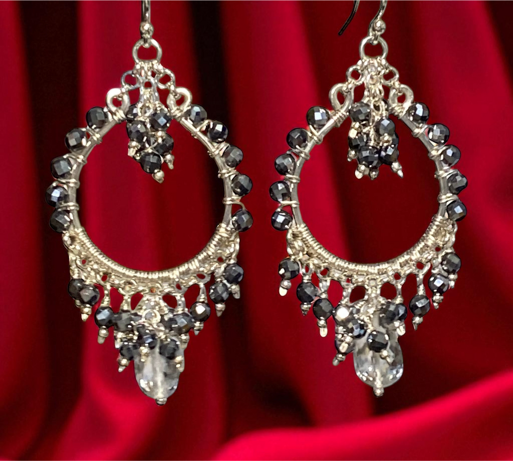 Black Gemstone Chandelier Hoop Earrings Sterling Silver