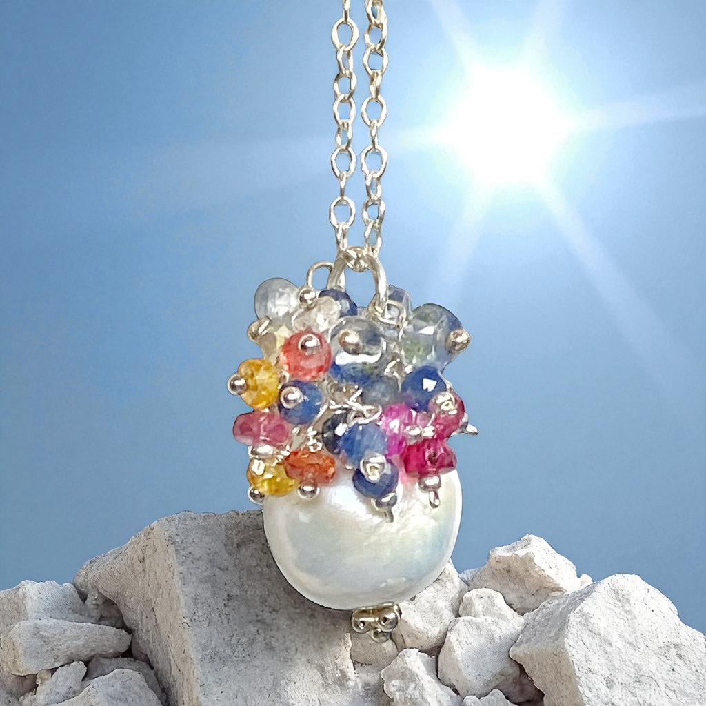 Sapphire and Opal Cascade Cluster Pearl Pendant, Sterling Silver