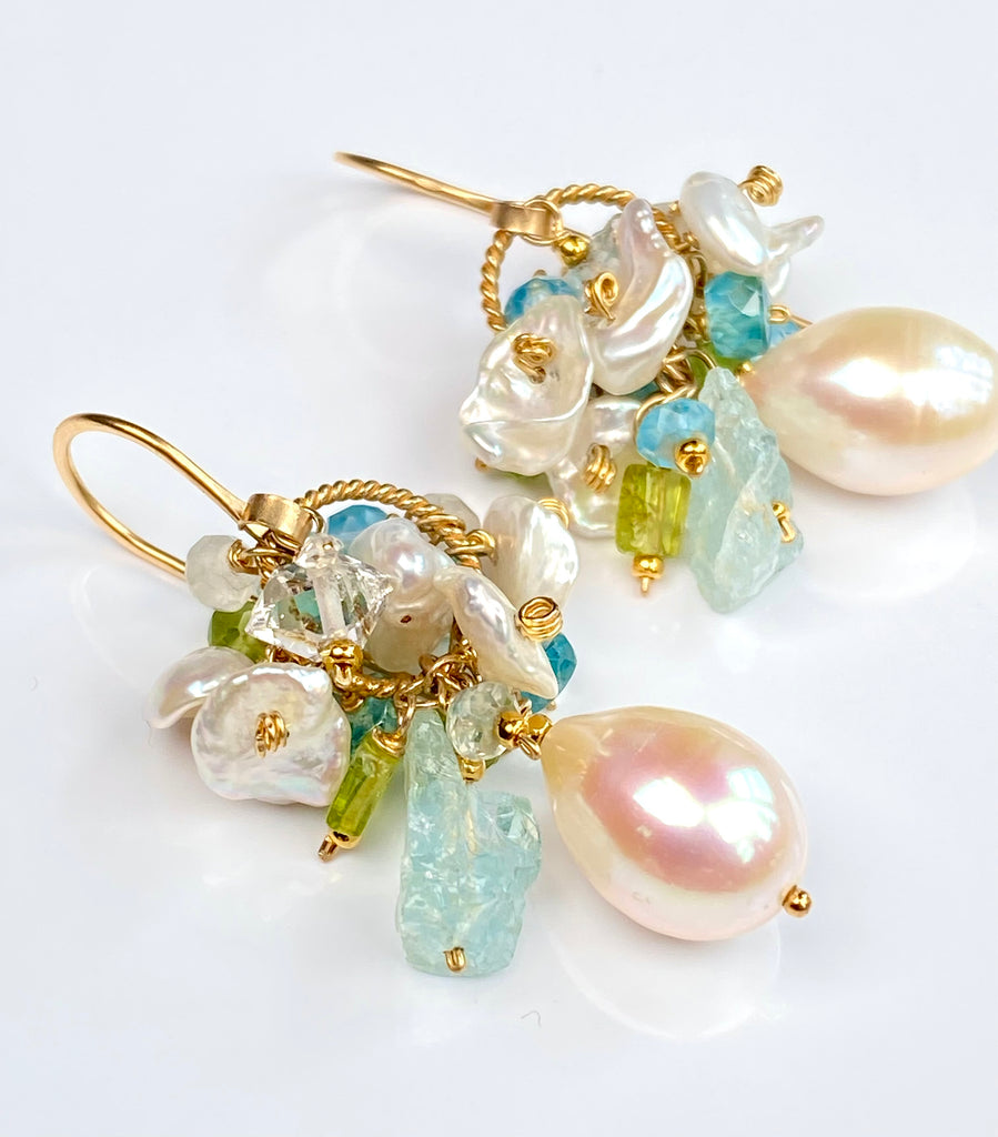 Ivory Baroque Pearl Earrings Clusters of Aquamarine, Peridot, Herkimer Diamond Quartz