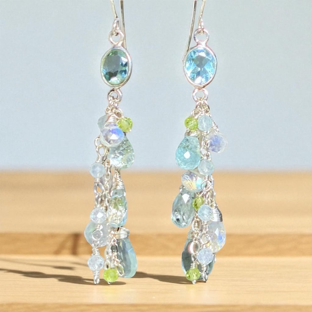 Blue Topaz, Peridot Long Gem Dangle Earrings Sterling Silver