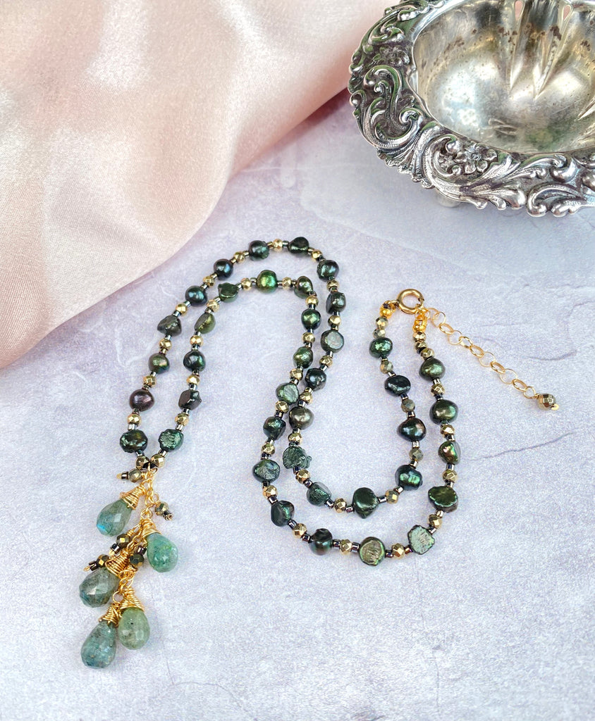 Green Moonstone and Pearl Silk Knot Pendant Necklace