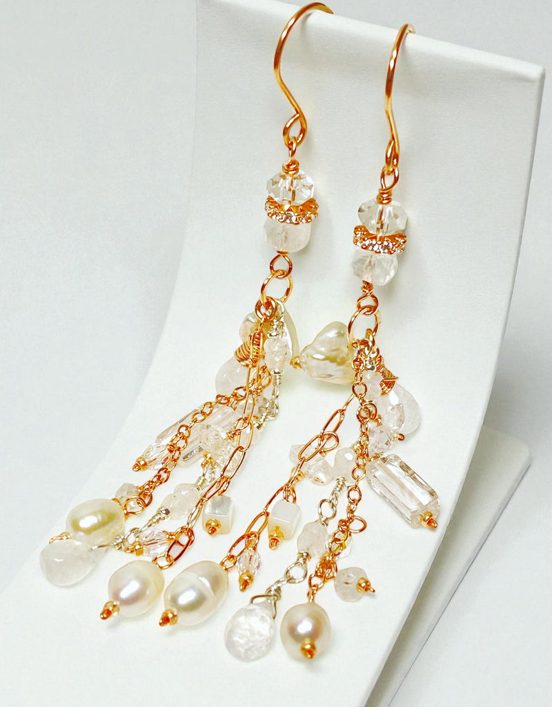 Rose Gold Long Boho Mystic Quartz, Pearl & Moonstone Dangle Earrings