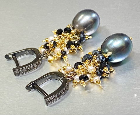 Black Pearl Earrings with White Pearl and Black Spinel Clusters Lever Back