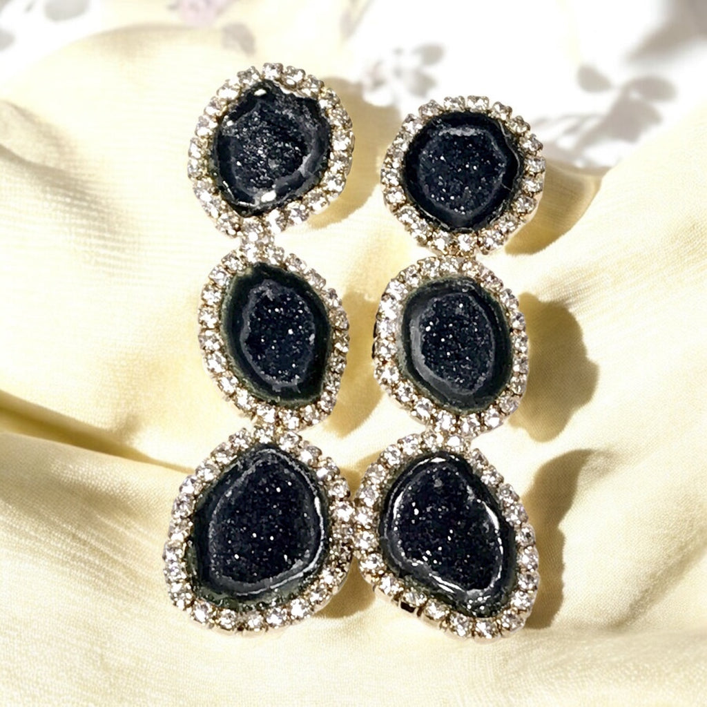 Black Tabasco Geode Triple Dangle Earrings