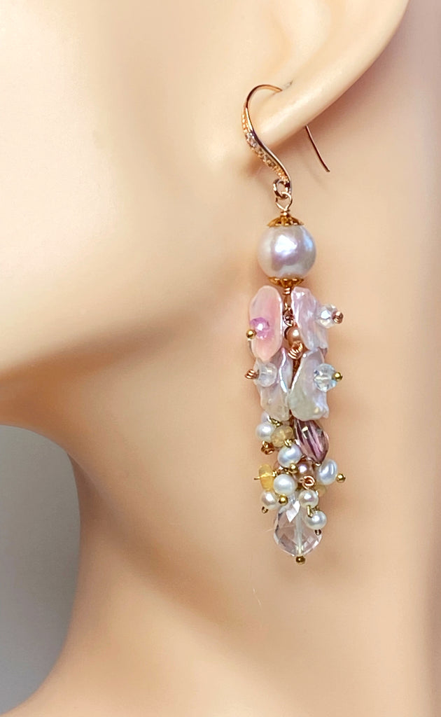 Blush Keishi Pearl Pink Topaz Ivory Pearl Rose Gold Long Dangle Bridal Earrings
