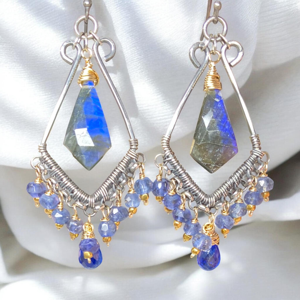 Blue Gemstone Statement Chandelier Earrings Oxidized Sterling Silver Blue Labradorite, Iolite, Kyanite