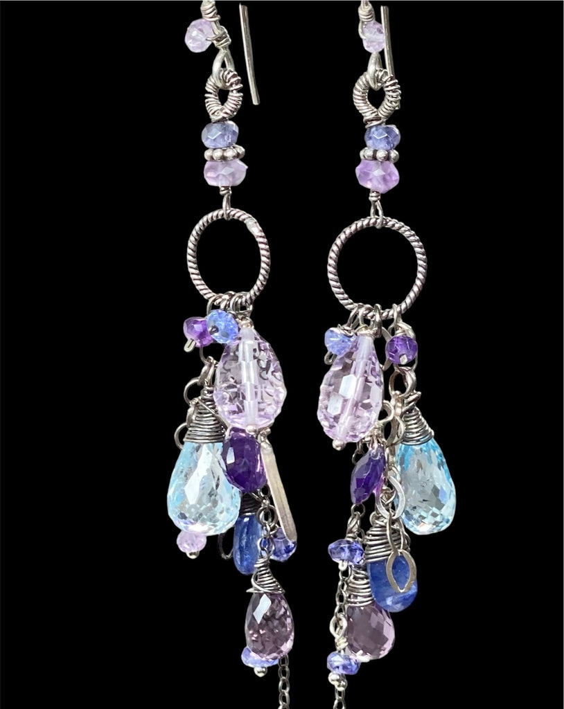 Blue Violet Boho Dangle Earrings Amethyst, Blue Topaz, Kyanite, Oxidized Sterling Silver