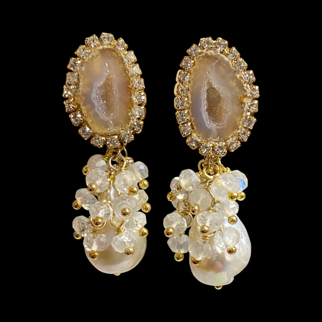 Golden Beige Tabasco Geode and Ivory White Baroque Pearl Earrings