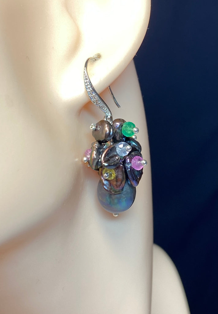 Black Pearl and Sapphire Cluster Wedding Earrings - Doolittle