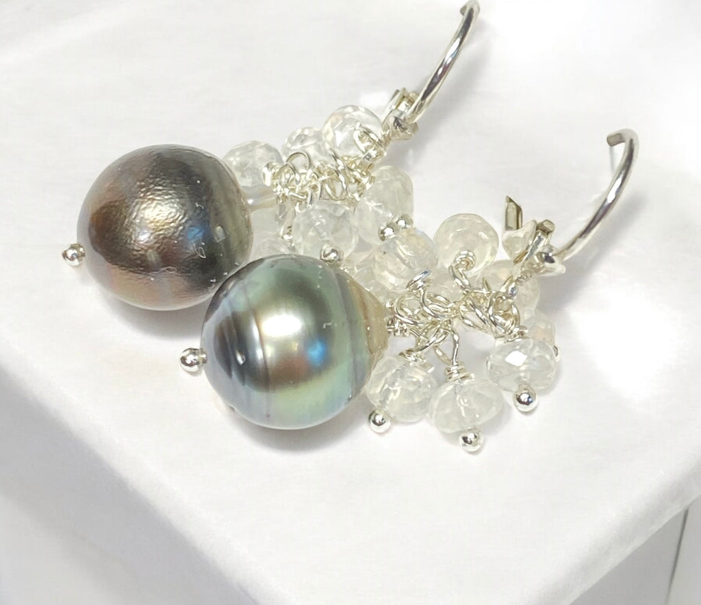 Tahitian Pearl Moonstone Cluster Earrings Sterling Silver