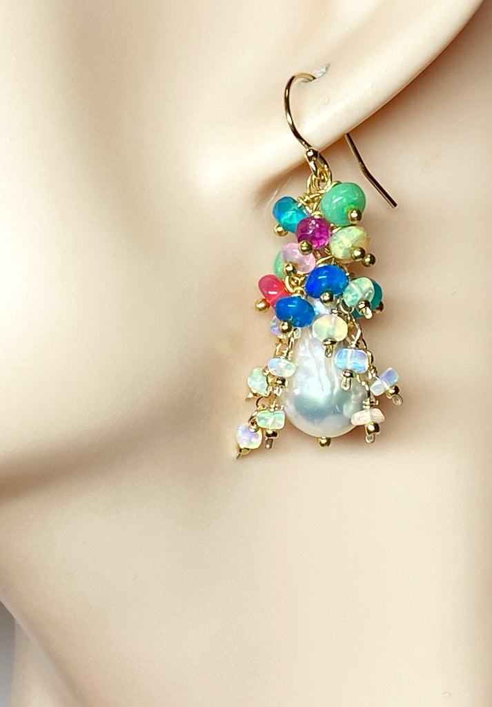 Baroque Flameball Pearl Cluster Earrings Multi-color Opals 4