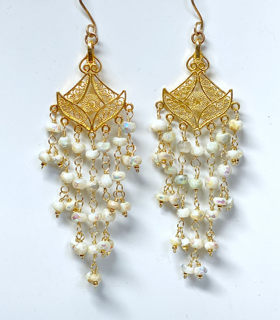 Chandelier Earrings with Mystic White Opal Gems, Gold Vermeil