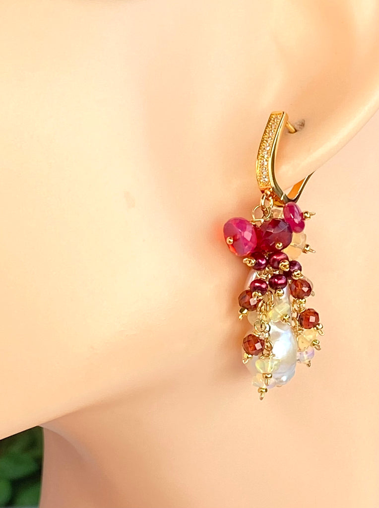 Red Opal, Garnet, Pearl and Ivory Baroque Flameball Pearl Earrings