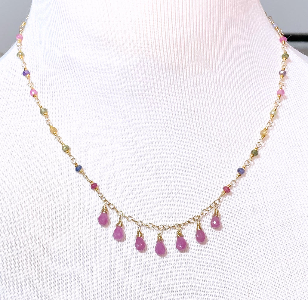 Pink Sapphire 14K Gold Fill Dangle Necklace Rosary Style Wire Wrap