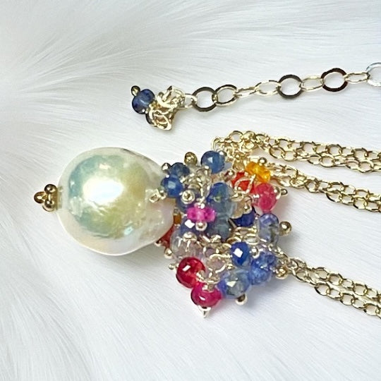 Sapphire and Opal Cascade Cluster Pearl Pendant, Sterling Silver