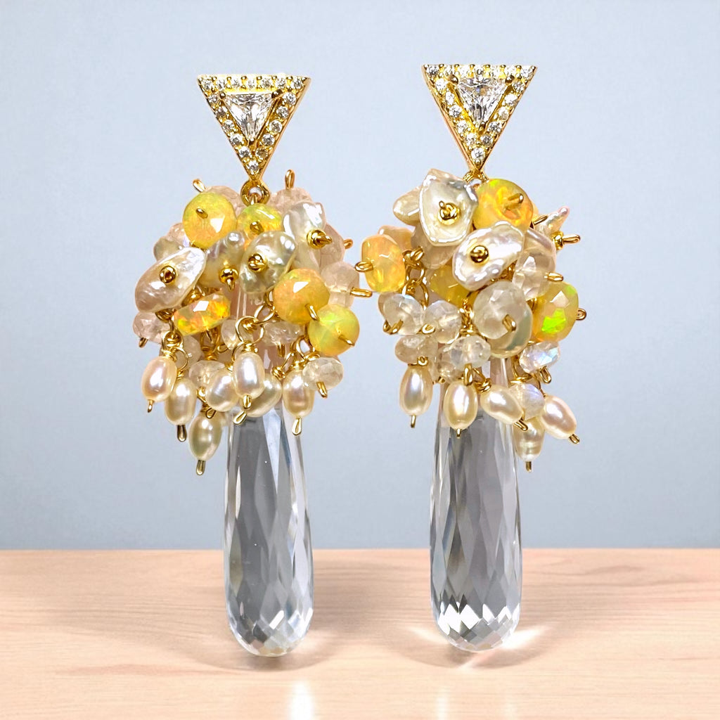 Crystal Quartz Opal and Moonstone Cluster Earrings Gold Post