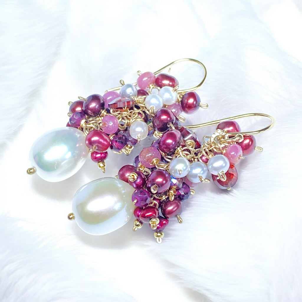 Pearl Earrings with Clusters of Garnet, Pink Sapphire and Red Pearls