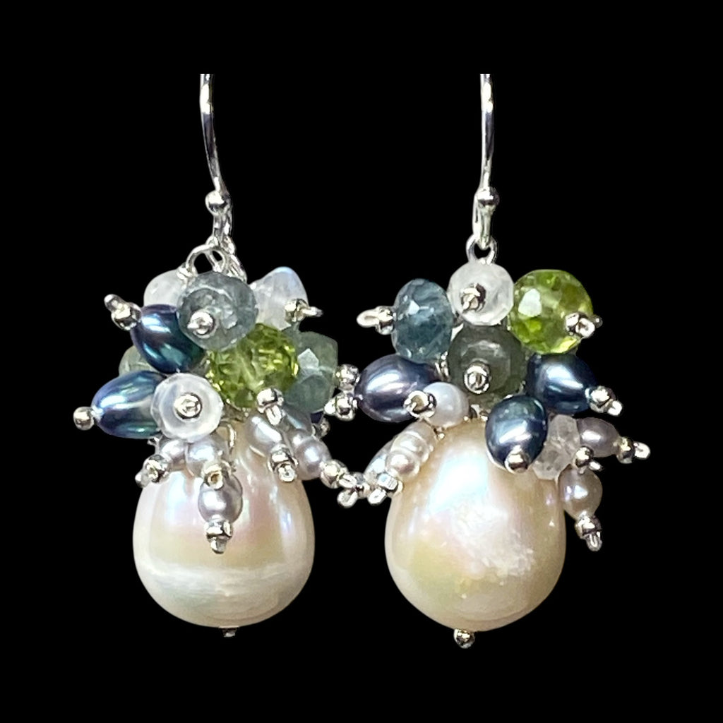 Moss Aquamarine and Pearl Cluster Earrings, Sterling Silver