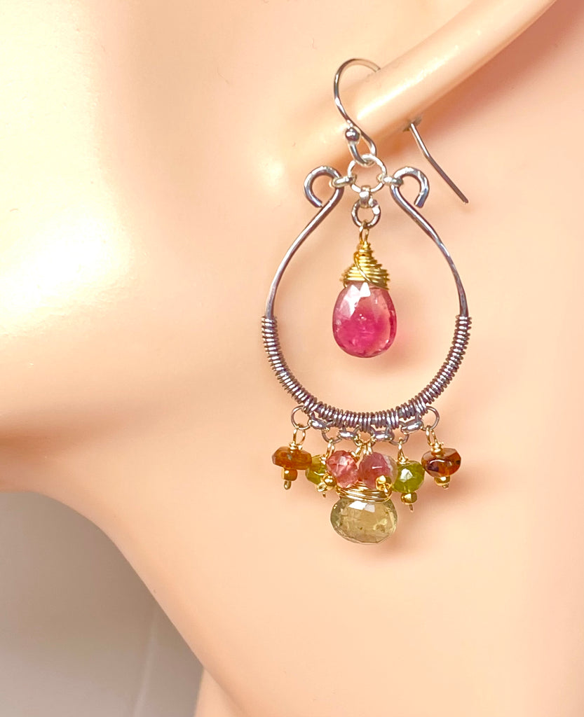 Pink and Green Tourmaline Mixed Metal Hoop Chandelier Earrings