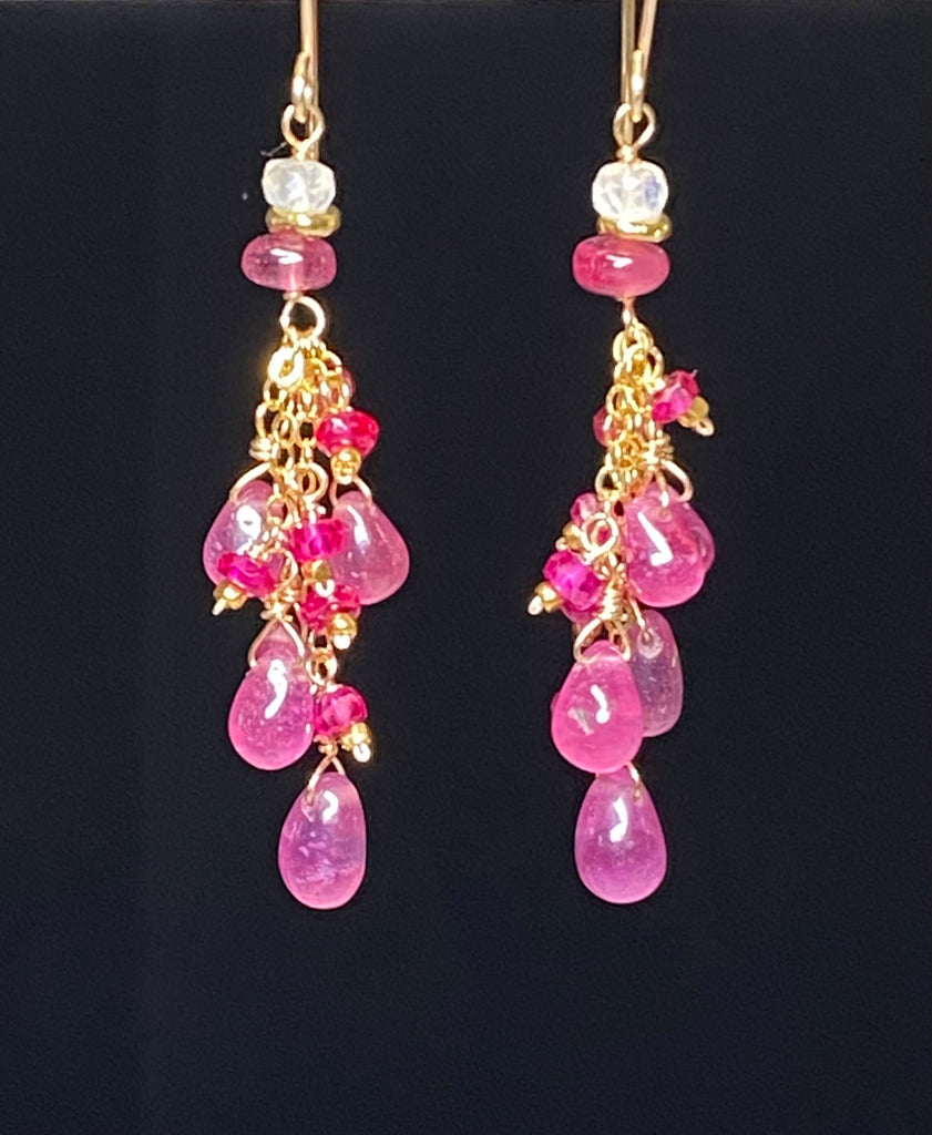 Pink Sapphire and Ruby Tassel Earrings, Gold Fill - Doolittle