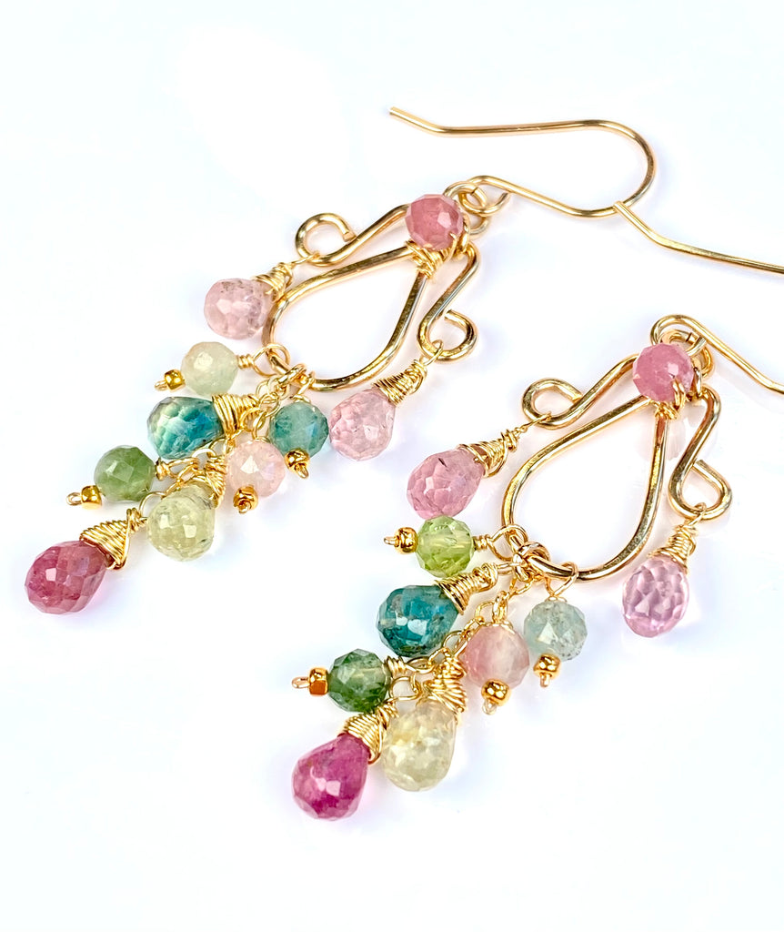 Multicolor Tourmaline Chandelier Earrings — Light Pink, Green & Blue, Gold Fill