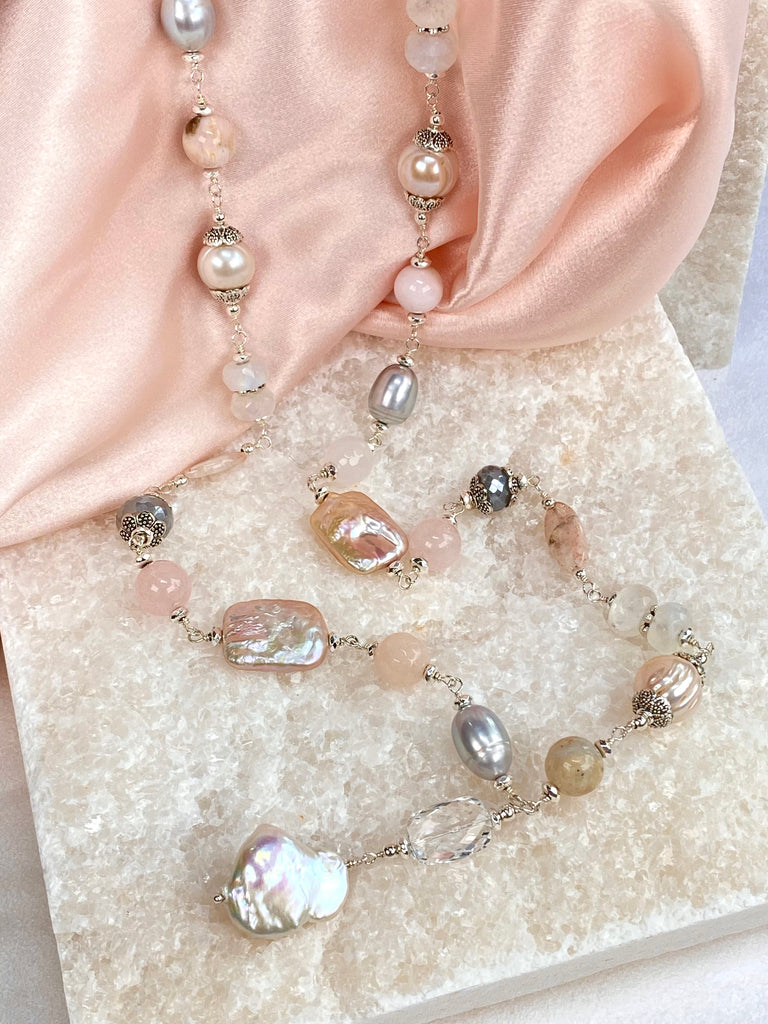 Blush Pink Baroque and Silver Pearl Long Sautoir Necklace — Rainbow and Grey Mystic Moonstone Rose Quartz
